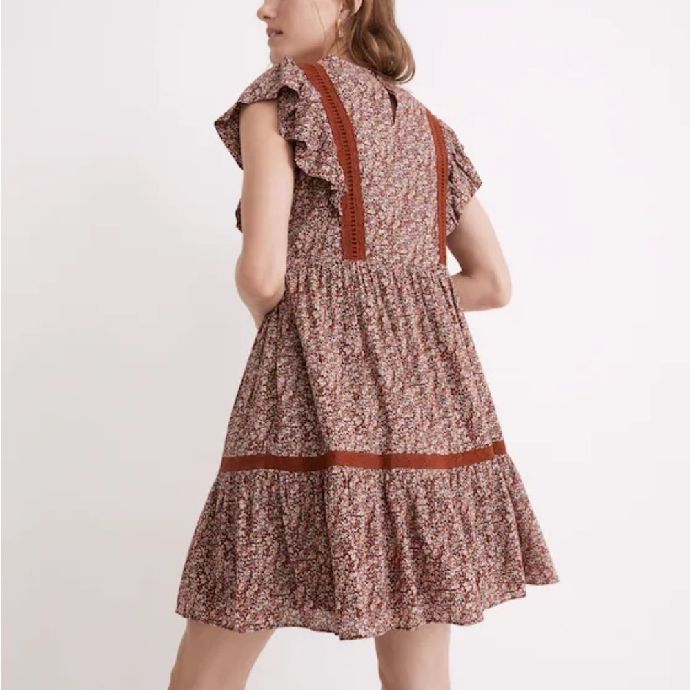 Madewell Burgundy White Floral Flutter Sleeve Mini Dress in CottageGarden Size S